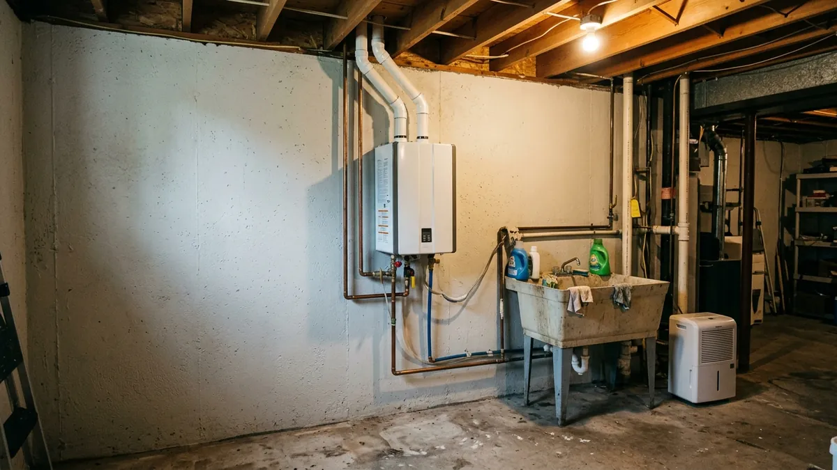 Condensing tankless water heater with PVC vents on a basement wall, checked during tankless water heater repair in Commack, NY