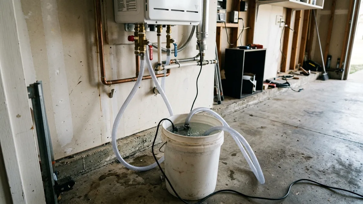 Descaling pump connected to the service valves of a tankless unit during tankless water heater repair