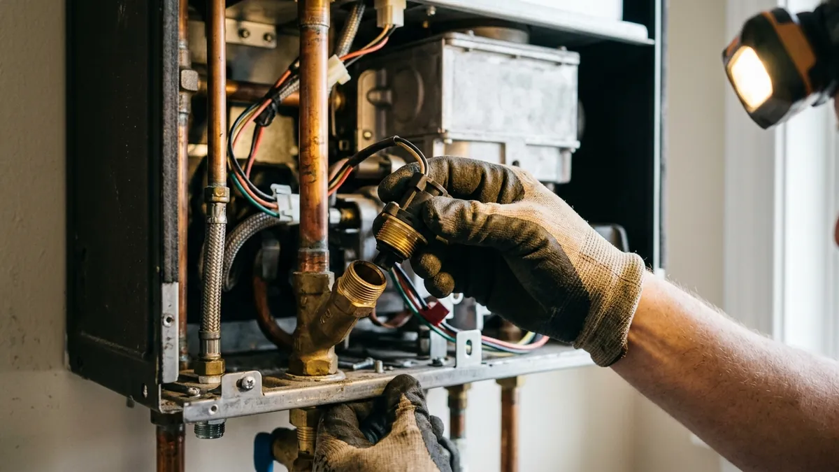 Flow sensor being worked on inside an open tankless water heater during tankless water heater repair