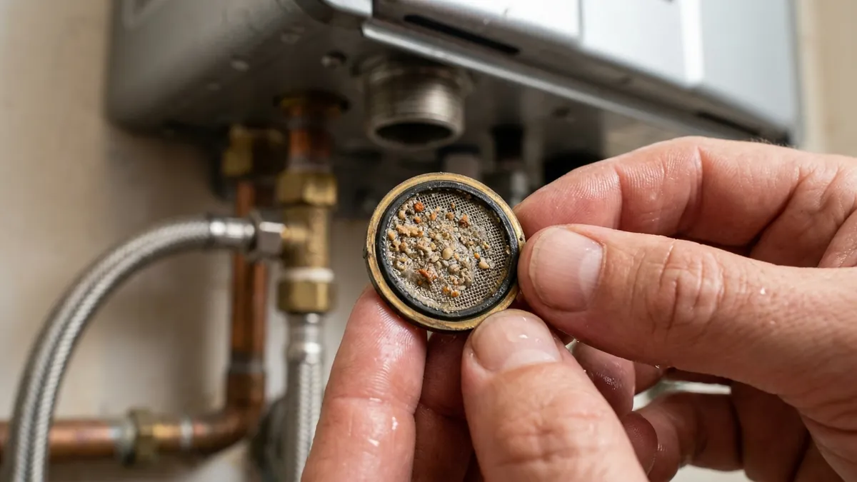 Clogged inlet filter screen removed from a tankless unit during tankless water heater repair in Antelope, CA