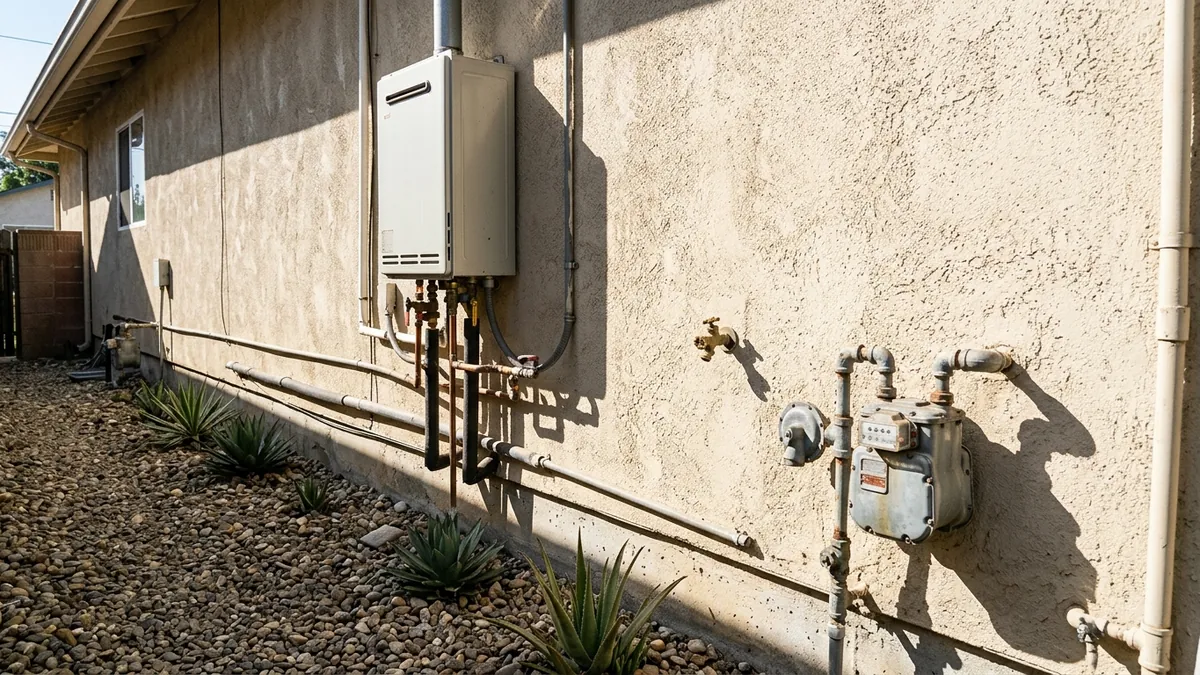 Outdoor tankless water heater beside the gas meter on a stucco wall, a common setup for tankless water heater repair