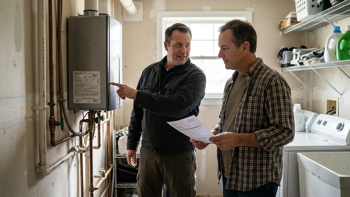 Technician showing a homeowner the rating label before tankless water heater repair