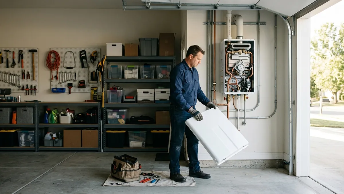 Technician holding the front cover of a gas tankless water heater in a garage during tankless water heater repair