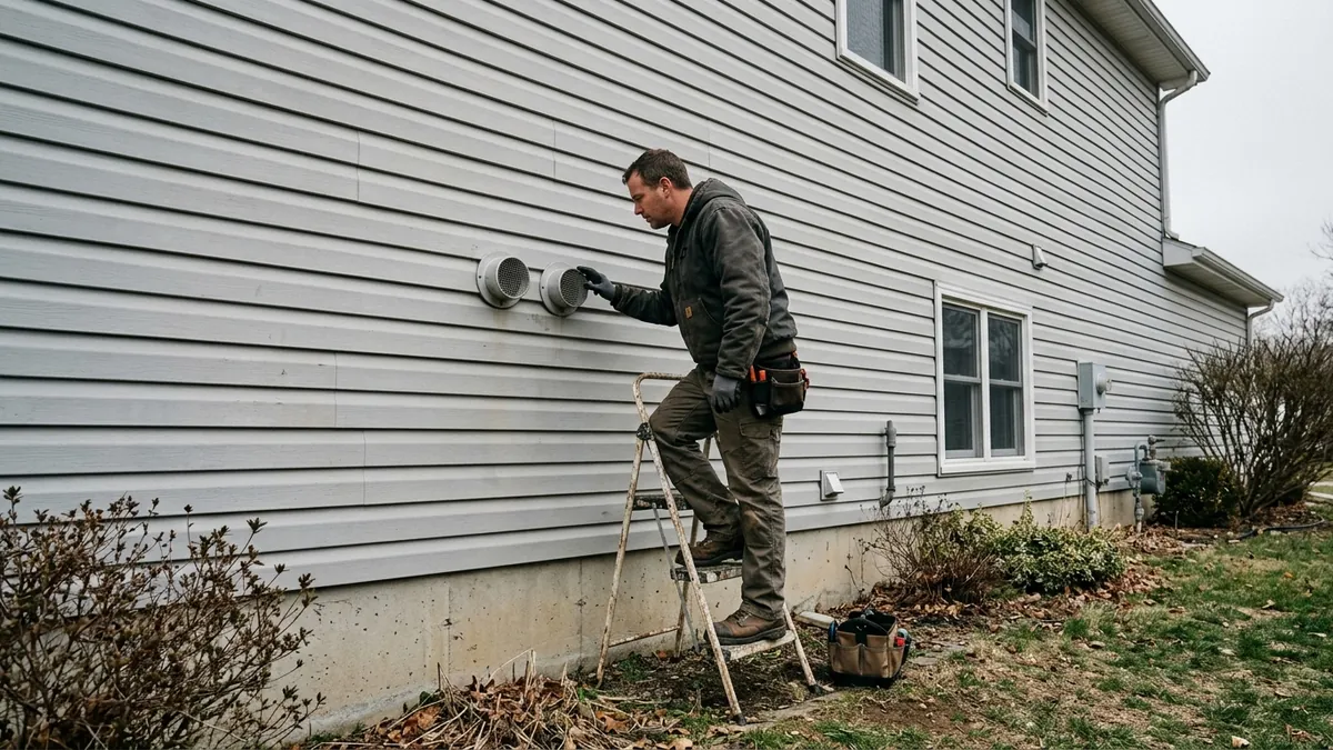 Technician checking the vent terminations of a tankless water heater during tankless water heater repair